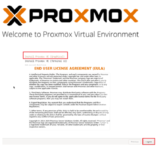 Écran d'installation Proxmox - EULA