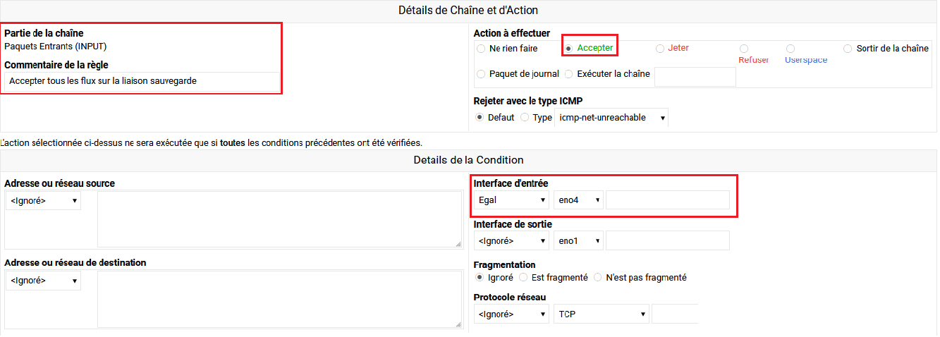Configuration règle 1 - Interface eno4