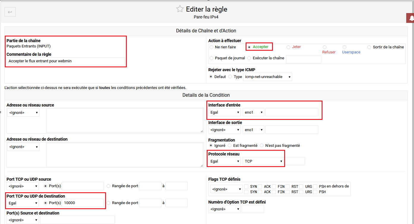 Configuration règle 4 - Port Webmin